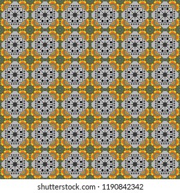 Graphic modern seamless pattern for fabric, event, wallpaper etc. Vector seamless pattern, repeating abstract figures. Illustration in orange, gray and blue colors.