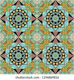 Graphic modern seamless pattern for fabric, event, wallpaper etc. Vector seamless pattern, repeating abstract figures. Illustration in yellow, blue and beige colors.