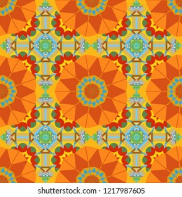 Graphic modern seamless pattern for fabric, event, wallpaper etc. Vector seamless pattern, repeating abstract figures. Illustration in orange, yellow and blue colors.