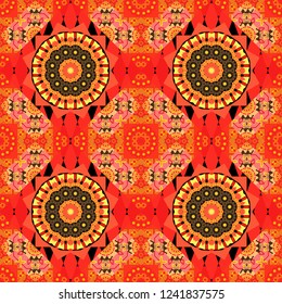 Graphic modern seamless pattern for fabric, event, wallpaper etc. Vector seamless pattern, repeating abstract figures. Illustration in orange, pink and red colors.
