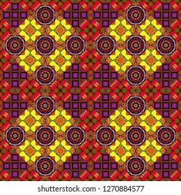 Graphic modern seamless pattern for fabric, event, wallpaper etc. Vector seamless pattern, repeating abstract figures. Illustration in red, brown and yellow colors.