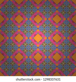 Graphic modern seamless pattern for fabric, event, wallpaper etc. Vector seamless pattern, repeating abstract figures. Illustration in brown, blue and orange colors.