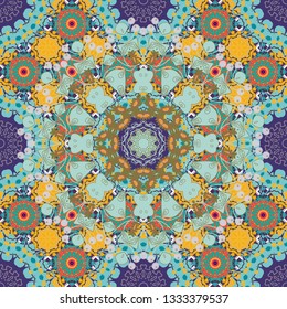 Graphic modern seamless pattern for fabric, event, wallpaper etc. Vector seamless pattern, repeating abstract figures. Illustration in violet, yellow and blue colors.