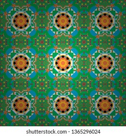 Graphic modern seamless pattern for fabric, event, wallpaper etc. Vector seamless pattern, repeating abstract figures. Illustration in orange, blue and green colors.