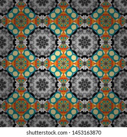 Graphic modern seamless pattern for fabric, event, wallpaper etc. Illustration in gray, orange and blue colors. Vector seamless pattern, repeating abstract figures.