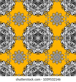 Graphic modern seamless pattern on yellow, black and white colors. Wallpaper baroque, damask. Seamless floral pattern. Seamless vector background.