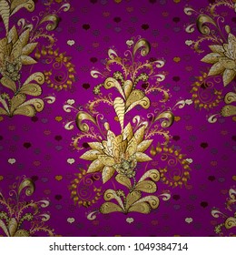 Graphic modern seamless pattern on purple, brown and yellow colors. Seamless floral pattern. Seamless vector background. Wallpaper baroque, damask.