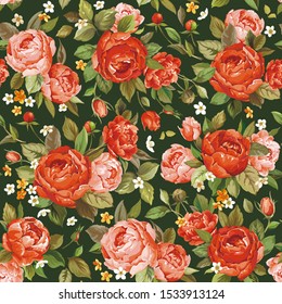 Graphic modern seamless pattern with peony flowers. Elegance wallpaper. Decorative Bouquet of roses. Floral template for congratulation design, vector illustration