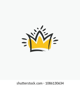 Graphic modernist element drawn by hand. royal crown of gold. Isolated on white background. Vector illustration. Logotype, logo