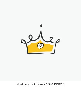 Graphic modernist element drawn by hand. royal crown of gold. Isolated on white background. Vector illustration. Logotype, logo