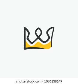 Graphic modernist element drawn by hand. royal crown of gold. Isolated on white background. Vector illustration. Logotype, logo