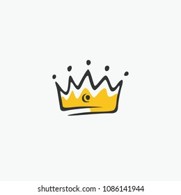 Graphic modernist element drawn by hand. royal crown of gold. Isolated on white background. Vector illustration. Logotype, logo