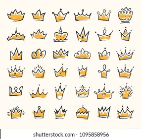 Graphic modernist element drawn by hand. royal crown of gold set. Isolated on white background. Vector illustration. Logotype, logo