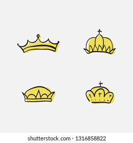 Graphic modernist element drawn by hand. royal crown of gold. Isolated on white background.