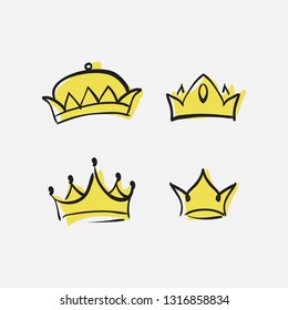 Graphic modernist element drawn by hand. royal crown of gold. Isolated on white background.