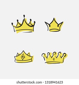 Graphic modernist element drawn by hand. royal crown of gold. Isolated on white background.