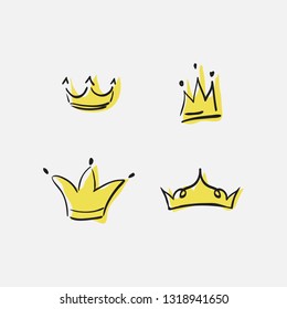 Graphic modernist element drawn by hand. royal crown of gold. Isolated on white background.