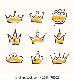 Graphic modernist element drawn by hand. royal crown of gold set. Isolated on white background. Vector illustration. Logotype, logo