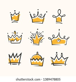 Graphic modernist element drawn by hand. royal crown of gold set. Isolated on white background. Vector illustration. Logotype, logo