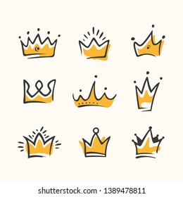 Graphic modernist element drawn by hand. royal crown of gold set. Isolated on white background. Vector illustration. Logotype, logo