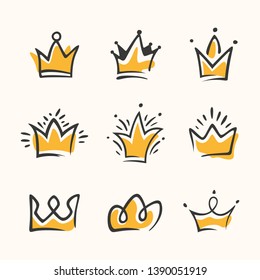 Graphic modernist element drawn by hand. royal crown of gold set. Isolated on white background. Vector illustration. Logotype, logo