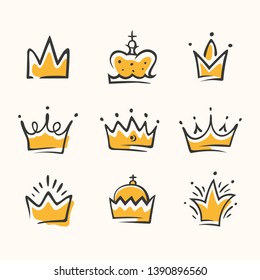 Graphic modernist element drawn by hand. royal crown of gold set. Isolated on white background. Vector illustration. Logotype, logo