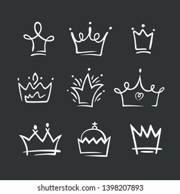 Graphic modernist element drawn by hand. royal crown of gold set. Isolated on white background. Vector illustration. Logotype, logo