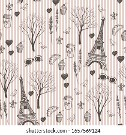 Graphic monochrome Paris city pattern. Vector illustration. Manual graphics. Suitable for decorating various surfaces. 