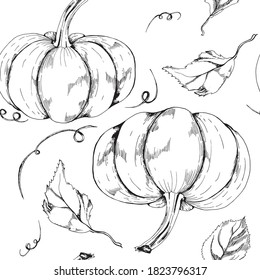 Graphic monochrome seamless pattern pumpkin and leaves