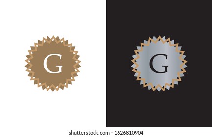 Graphic monogram with letter G on white and black background. Design of round logo shape of company emblem, organization, institution.