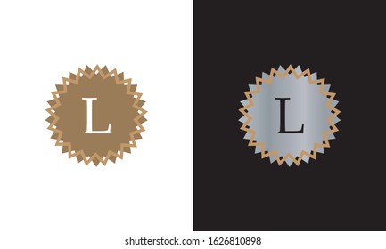Graphic monogram with letter L on white and black background. Design of round logo shape of company emblem, organization, institution.