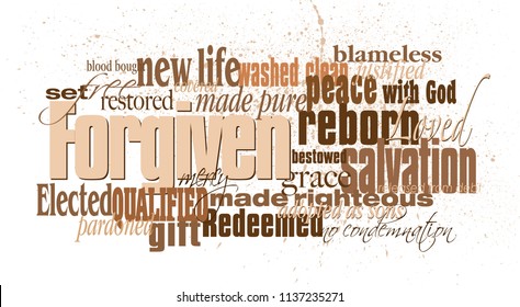 Graphic montage illustration of the Christian concept of forgiveness composed of associated words and concepts. An inspirational contemporary design available as vector.