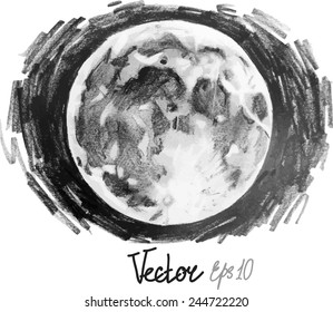 Graphic moon drawn in a hatching technique isolated on white background. Tattoo art or t-shirt design in black and white colors