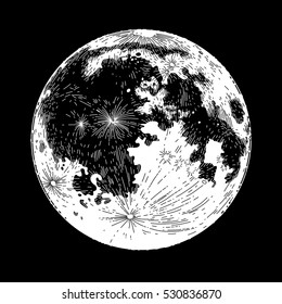 Graphic moon isolated on black background. Tattoo art or t-shirt design in black and white colors