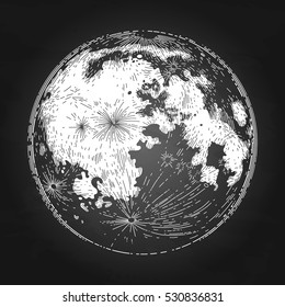 Graphic moon isolated on the chalkboard. Tattoo art or t-shirt design in black and white colors
