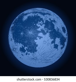 Graphic moon isolated on dark background. Tattoo art or t-shirt design in blue colors
