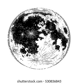 Graphic moon isolated on white background. Tattoo art or t-shirt design in black and white colors