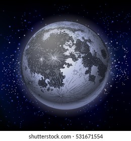 Graphic moon in starry galactic space. Vector astronomic illustration