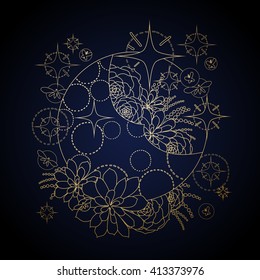 Graphic moon with succulent design among stars and glowing butterflies. Abstract fantasy art isolated on black background