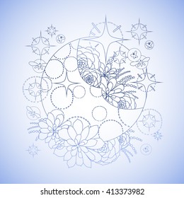 Graphic moon with succulent design among stars and glowing butterflies. Abstract fantasy art. Coloring book page design for adults and kids