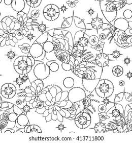 Graphic moon with succulent design among stars and glowing butterflies. Abstract fantasy art. Vector seamless pattern. Coloring book page design for adults and kids