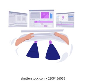 graphic motion designer with hands sitting at computer desk and creating project. First-person view 