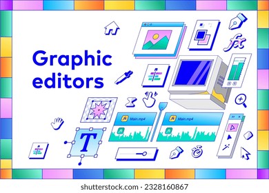 Graphic and Motion UX UI Designer toolbars in Retro colorful style.  Vector illustration