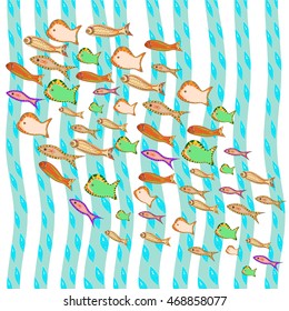 Graphic multicolored fish on a background of blue algae