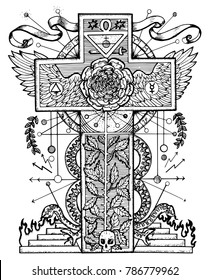 Graphic mystic illustration with cross and rose. Fantasy and secret societies emblem, occult and spiritual mystic drawings. Tattoo design, new world order