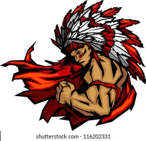 Graphic Native American Indian Chief Mascot with Headdress Flexing Arm