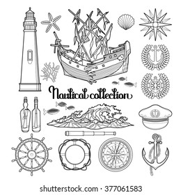 Graphic nautical collection drawn in line art style. Marine vector elements isolated on white background. Ocean decorations. Coloring book page design for adults and kids