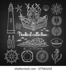 Graphic nautical collection drawn in line art style. Marine vector elements isolated on chalkboard. Ocean decorations. 