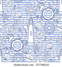 Graphic nautical collection drawn in line art style. Sea and ocean pattern in blue colors with striped background. Coloring book page design