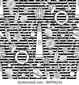 Graphic nautical collection drawn in line art style. Sea and ocean pattern with striped background. Coloring book page design for adults and kids